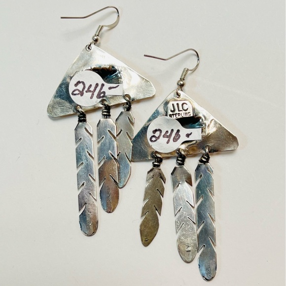 STERLING SILVER NAVAJO FEATHER CONCHO EARRINGS SIGNED JLC 3” - Picture 2 of 5